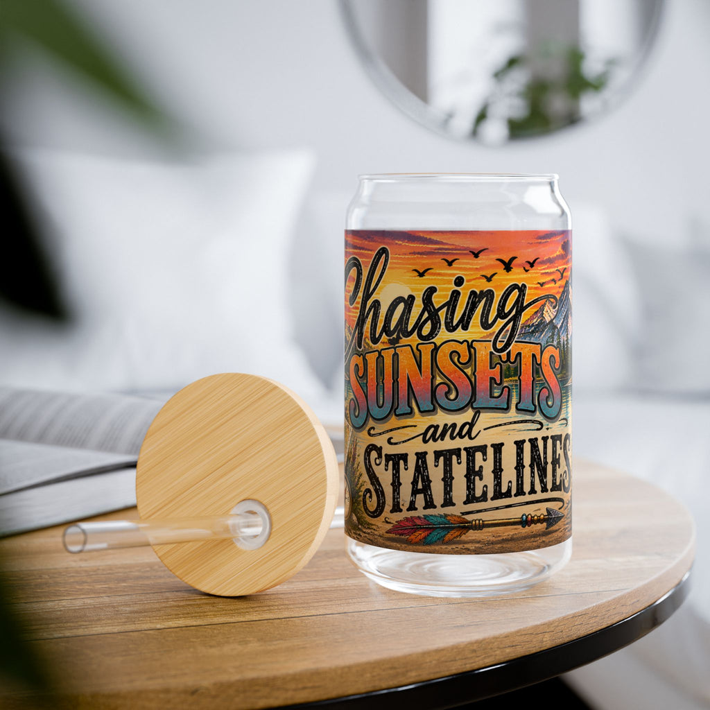 Chasing Sunsets and State Lines Sipper Glass  Travel Adventure Sunset Design