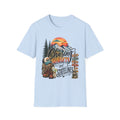 Chasing Sunsets graphic tee | Mountain sunset, evergreen trees, camping signpost