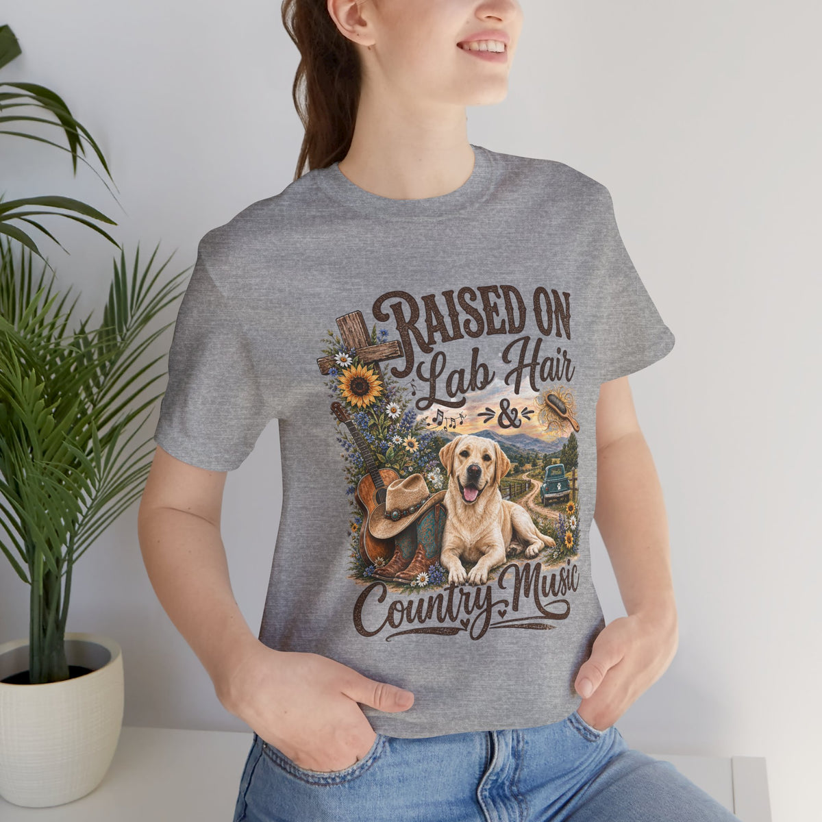 T-Shirt — "Raised on Lab Hair & Country Music" Yellow Labrador Graphic Tee