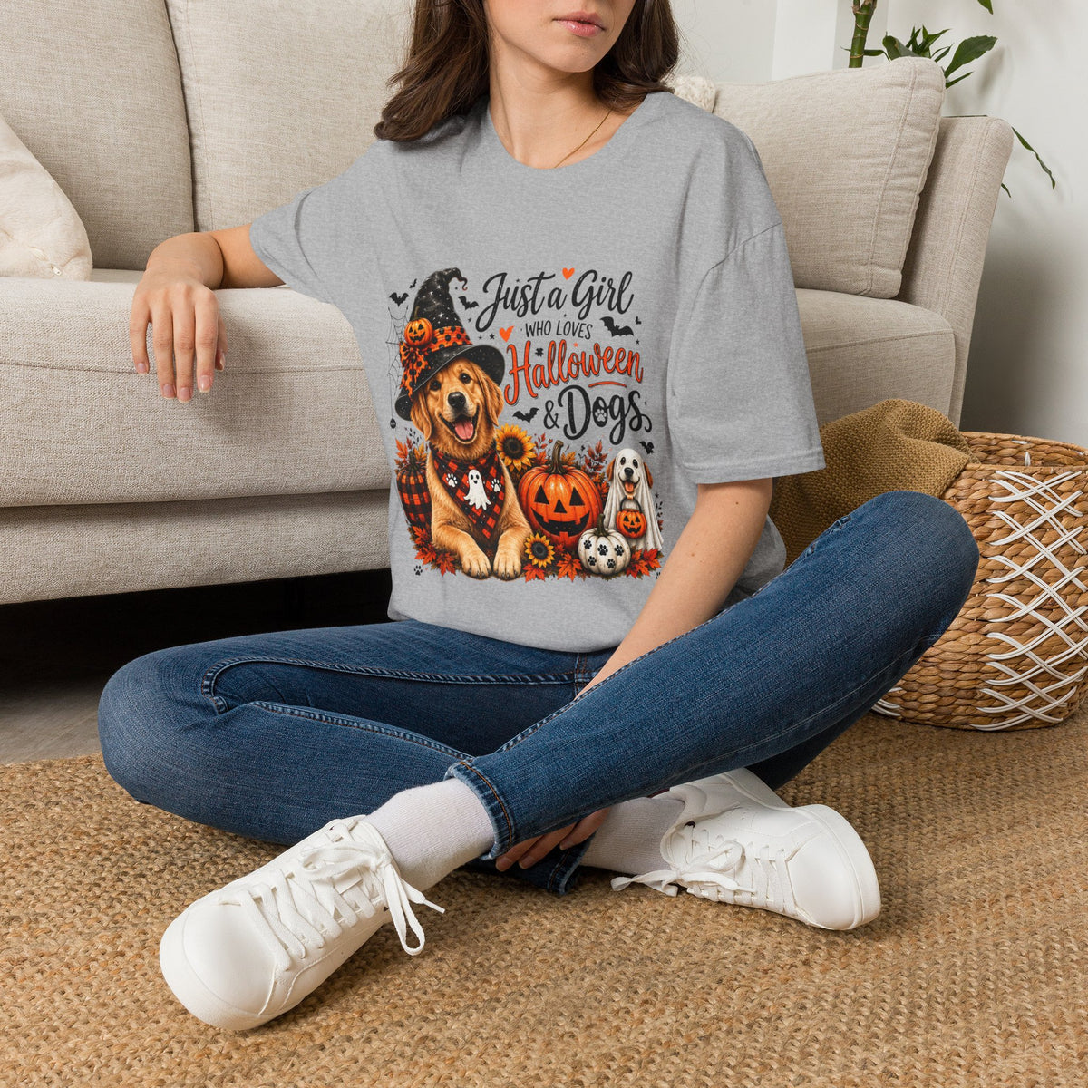 Halloween Dog Trucker Shirt, Just a Girl Who Loves Halloween and Dogs Shirt, Dog Mom Halloween Shirt, Cute Golden Retriever Shirt