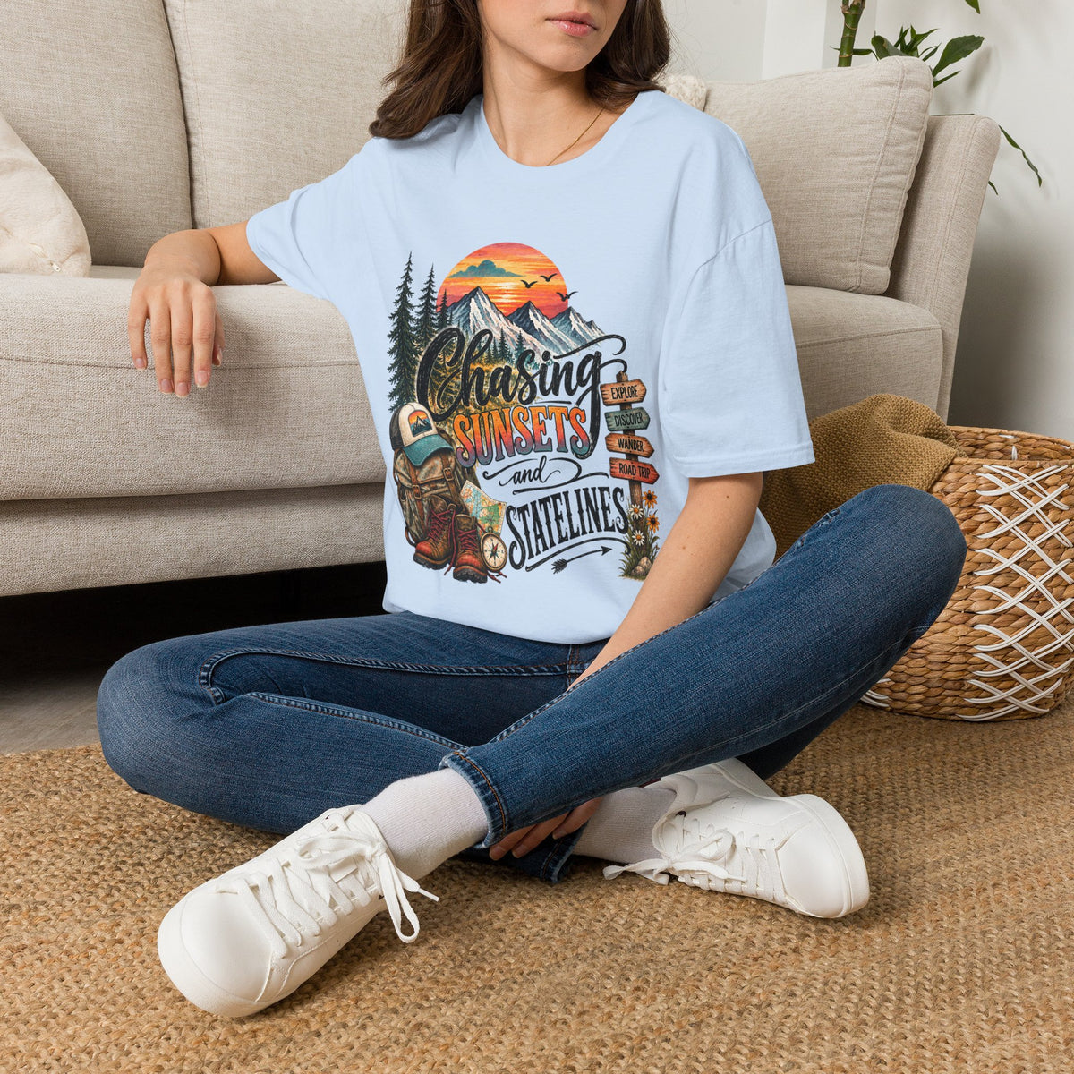 Chasing Sunsets graphic tee | Mountain sunset, evergreen trees, camping signpost