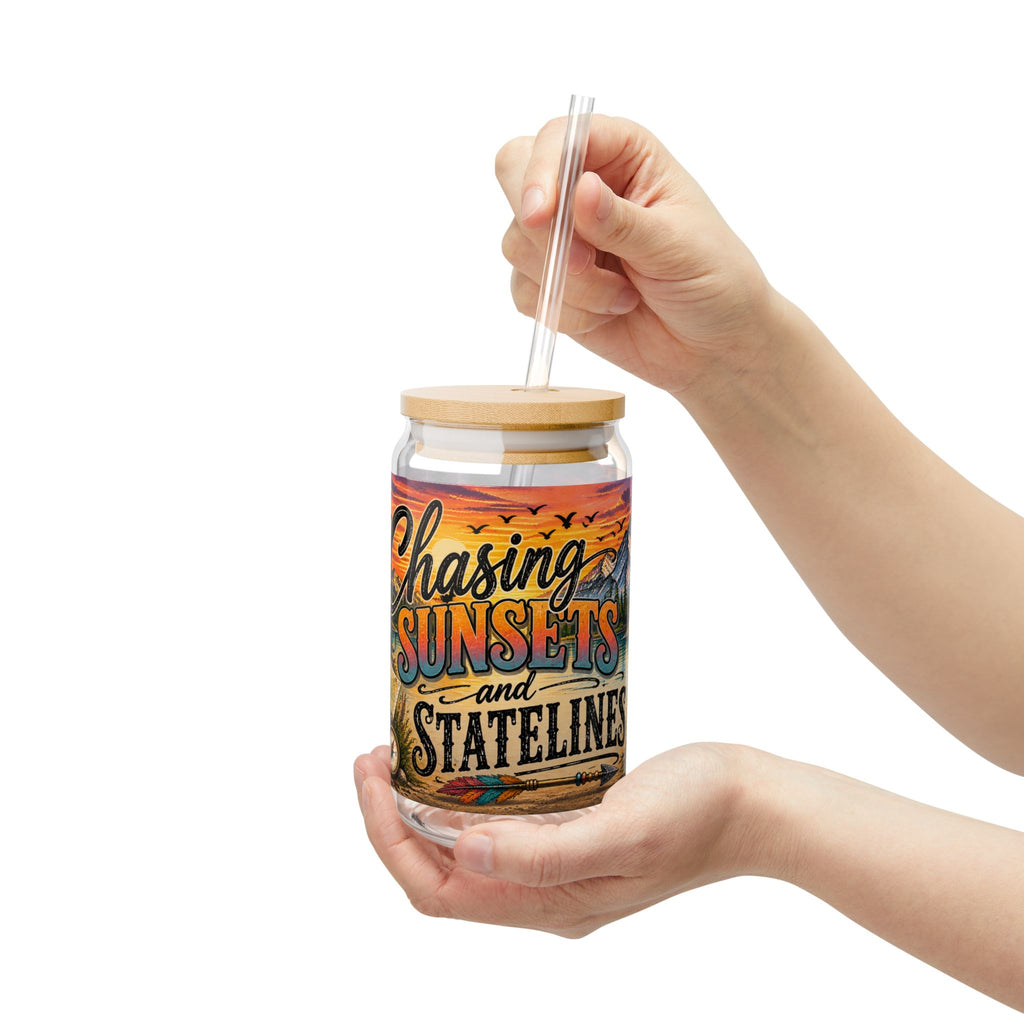 Chasing Sunsets and State Lines Sipper Glass  Travel Adventure Sunset Design