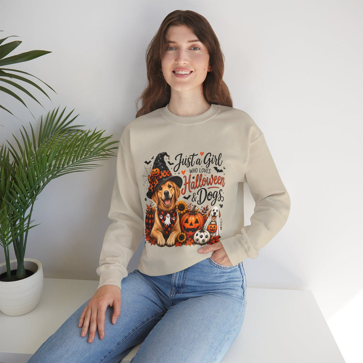 Halloween Dog Trucker SweatShirt, Just a Girl Who Loves Halloween and Dogs SweatShirt, Dog Mom Halloween Shirt,  Golden Retriever SweatShirts