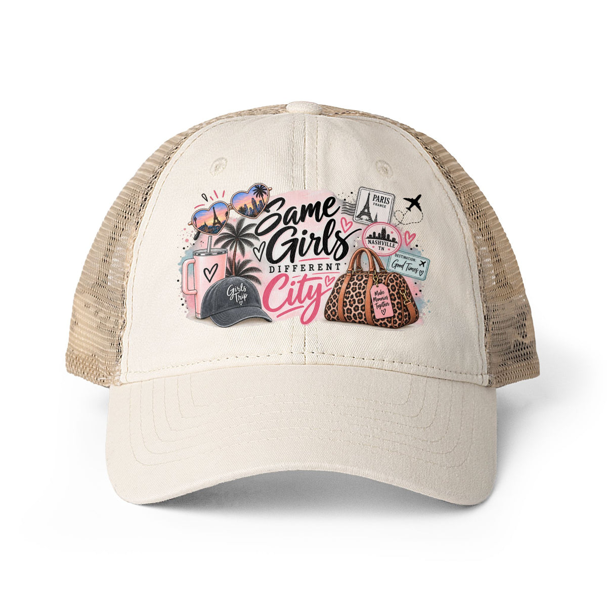 Same Girls Different City Trucker Hat, Girls trip Hat for Women, Best Friend Travel Gift, Vacation Crew Hat, Bachelorette Travel Cap