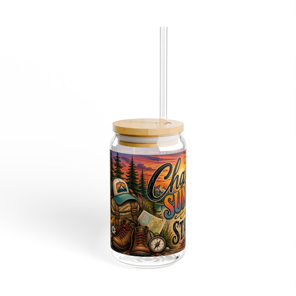 Chasing Sunsets and State Lines Sipper Glass  Travel Adventure Sunset Design