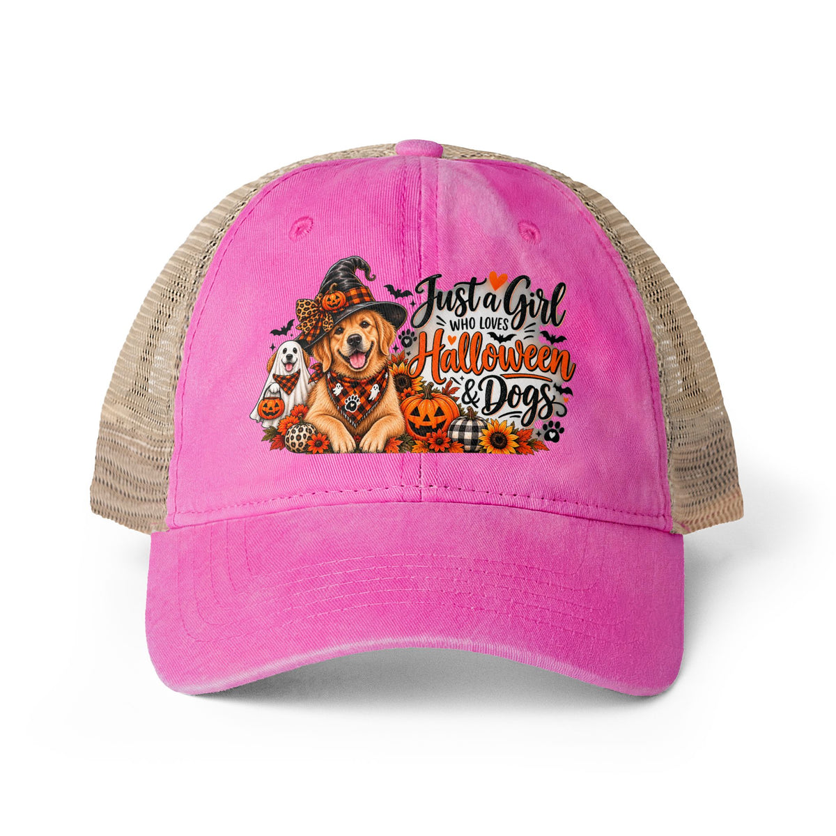Halloween Dog Trucker Hat, Just a Girl Who Loves Halloween and Dogs Hat, Dog Mom Halloween Hat, Cute Golden Retriever Caps