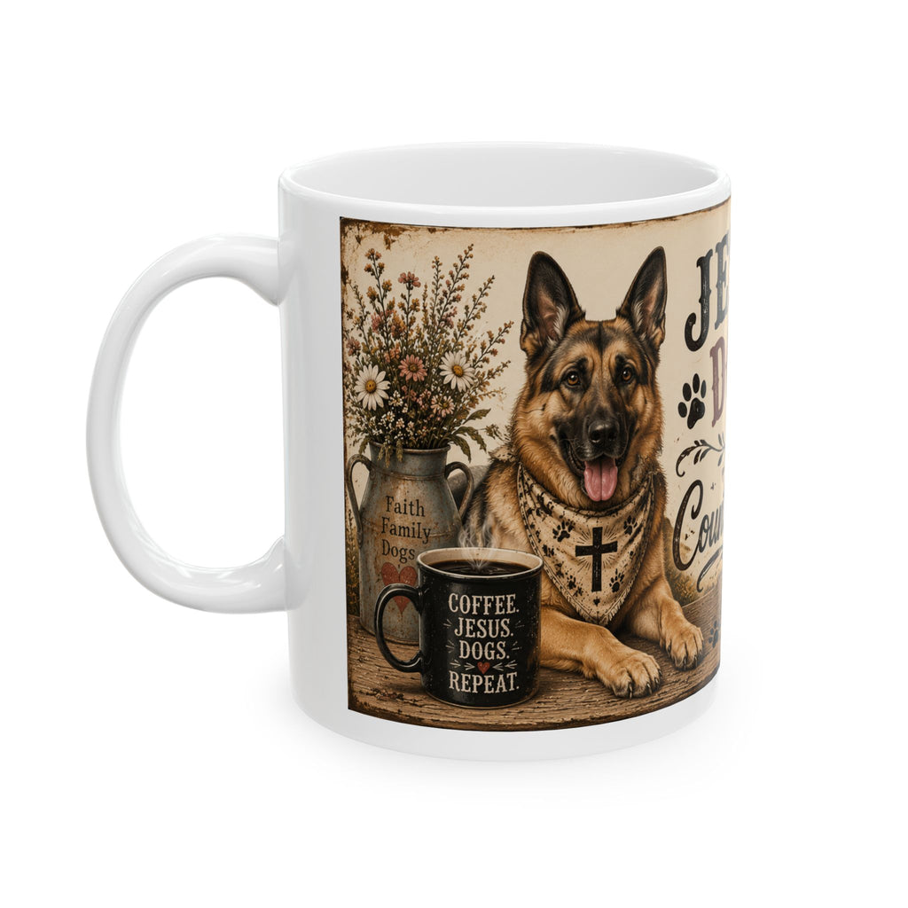 Inspirational Ceramic Mug – "Jesus, Dogs & Country Roads" Rustic Faith Dog Lover Gift (11oz/15oz)