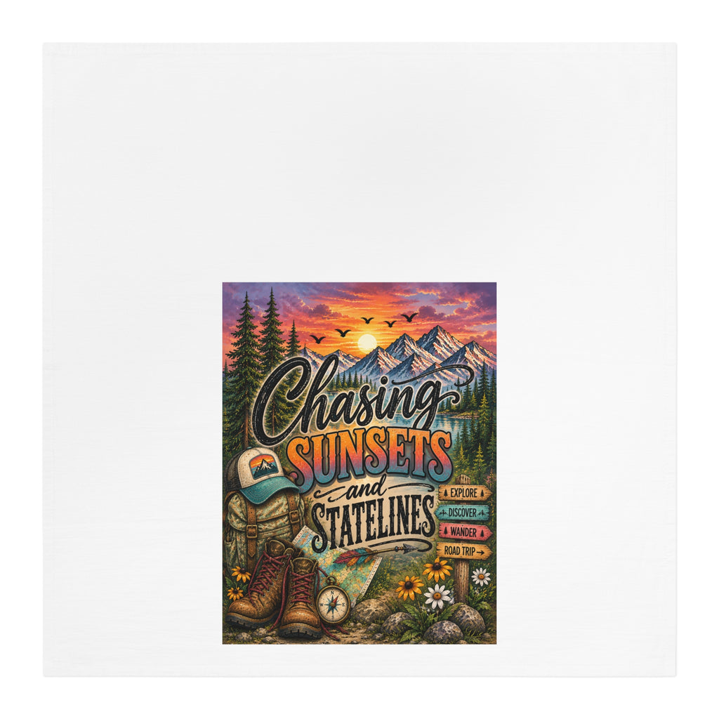 Chasing Sunsets and Statelines Tea Towel  Mountain Camping Scenic Design