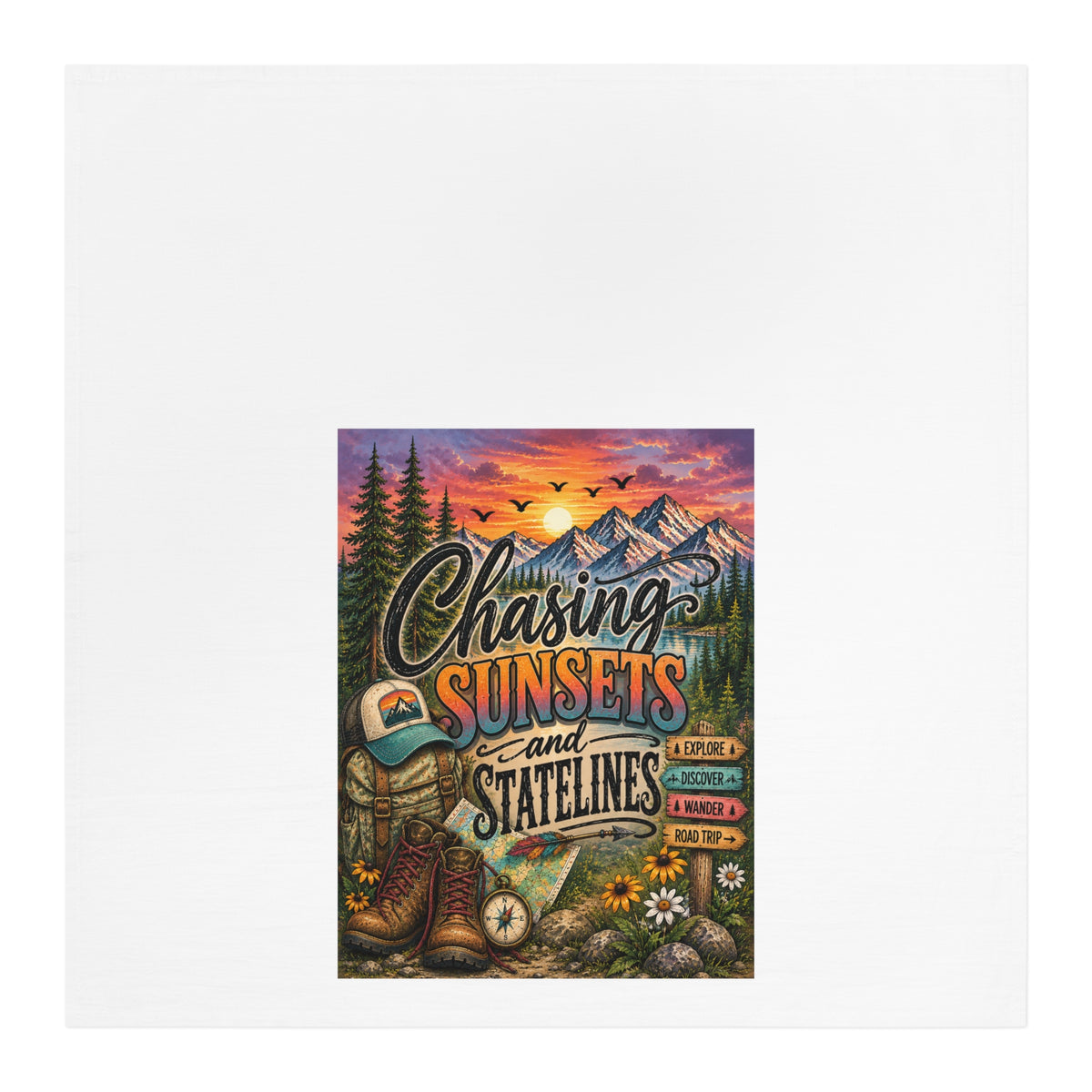 Chasing Sunsets and Statelines Tea Towel  Mountain Camping Scenic Design