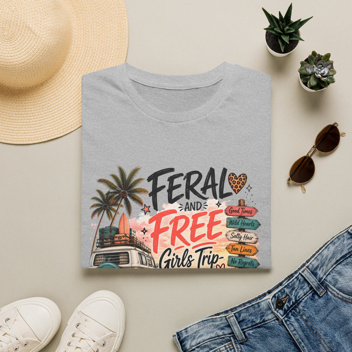 Girls Trip TShirt "Feral and Free" 2026 Beach Roadsign Design