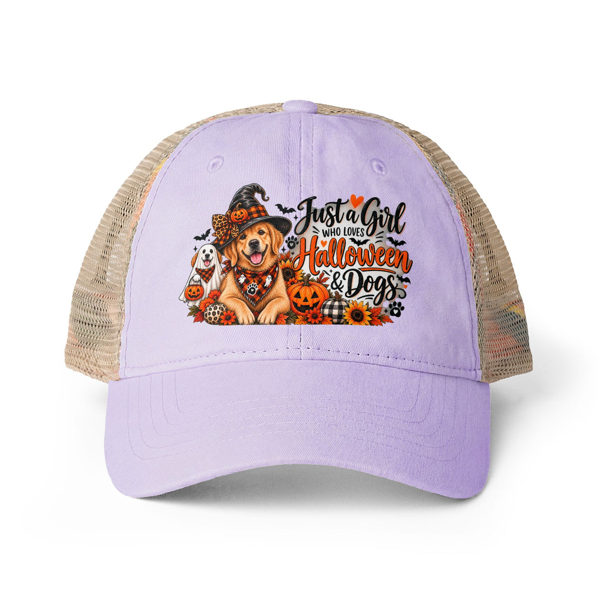 Halloween Dog Trucker Hat, Just a Girl Who Loves Halloween and Dogs Hat, Dog Mom Halloween Hat, Cute Golden Retriever Caps