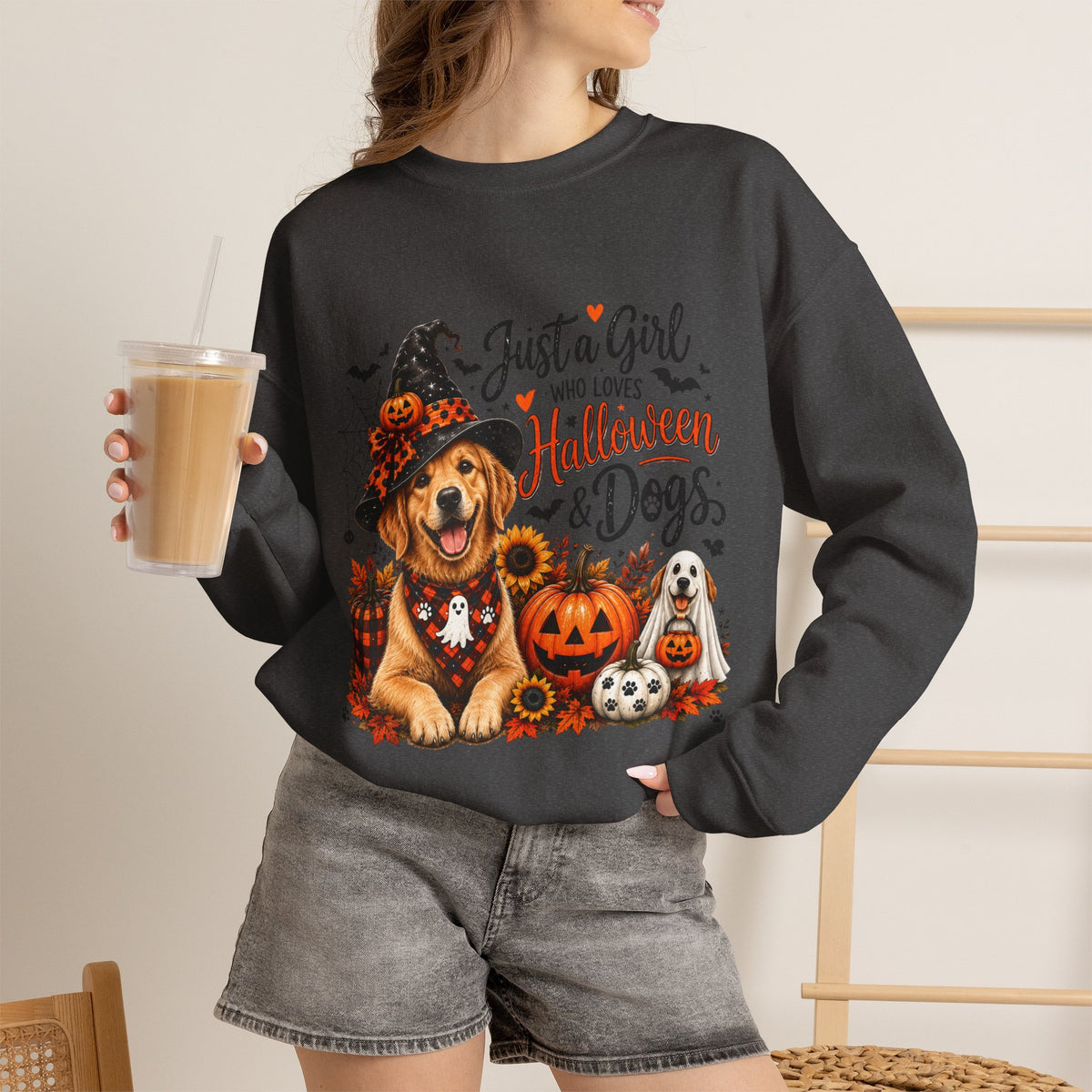 Halloween Dog SweatShirt, Just a Girl Who Loves Halloween and Dogs SweatShirt, Dog Mom Halloween Shirt,  Golden Retriever SweatShirt