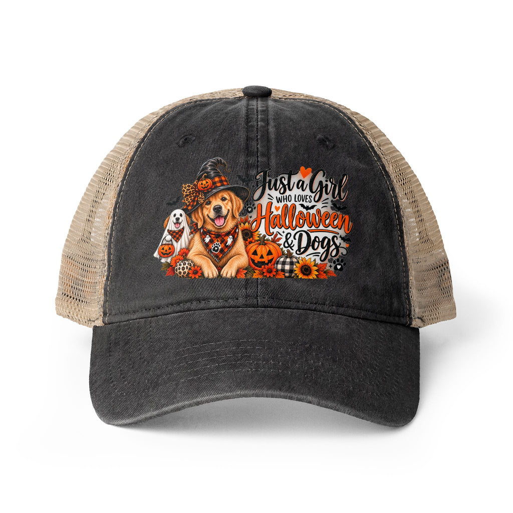 Halloween Dog Trucker Hat, Just a Girl Who Loves Halloween and Dogs Hat, Dog Mom Halloween Hat, Cute Golden Retriever Caps