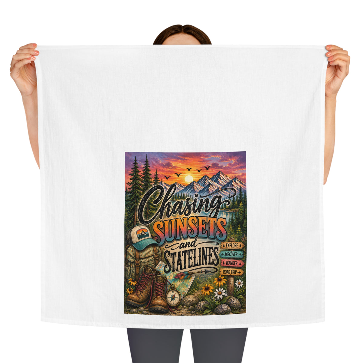 Chasing Sunsets and Statelines Tea Towel  Mountain Camping Scenic Design