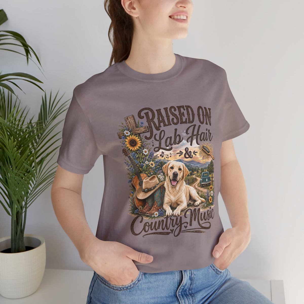 T-Shirt — "Raised on Lab Hair & Country Music" Yellow Labrador Graphic Tee
