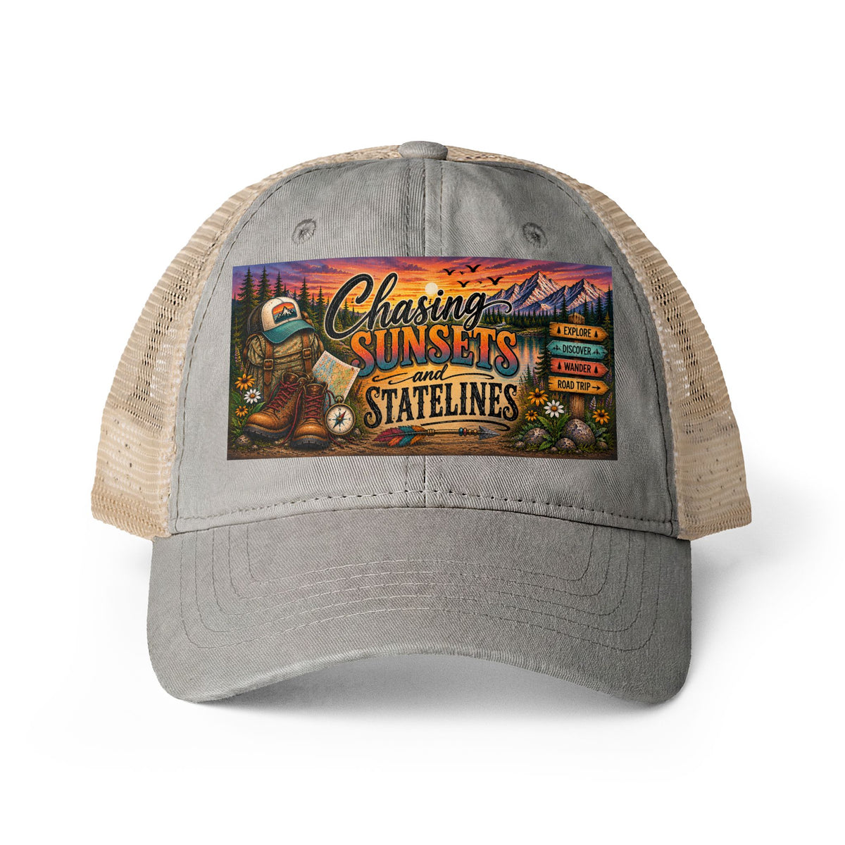 Chasing Sunsets and Statelines Trucker hat, Adventure Hat for Women, Road Trip Hat, National Park Gift, Camping Hiking Travel Cap