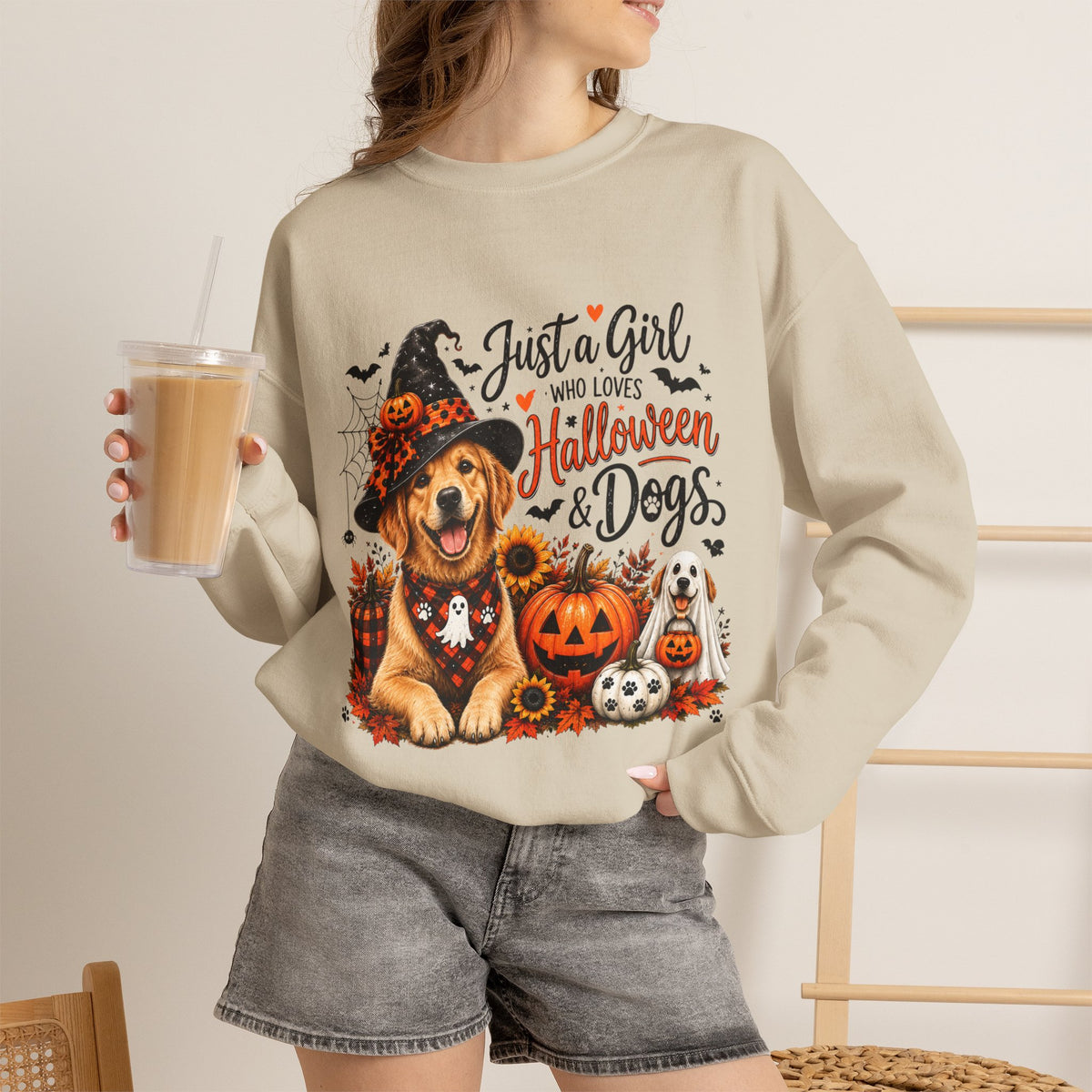 Halloween Dog SweatShirt, Just a Girl Who Loves Halloween and Dogs SweatShirt, Dog Mom Halloween Shirt,  Golden Retriever SweatShirt