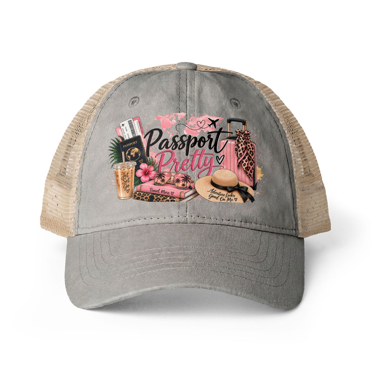 Passport Pretty Trucker Hat, Cute Travel hat for Women, Girls Trip Hat, Vacation Hat, Cruise Beach Cap, Frequent Traveler Gift