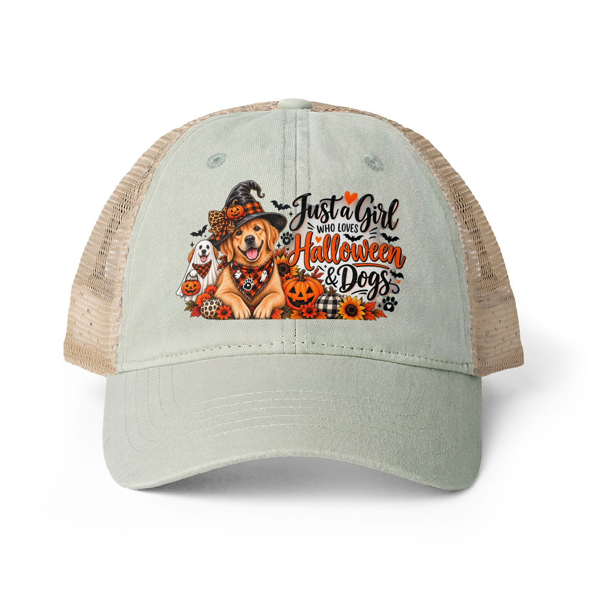 Halloween Dog Trucker Hat, Just a Girl Who Loves Halloween and Dogs Hat, Dog Mom Halloween Hat, Cute Golden Retriever Caps