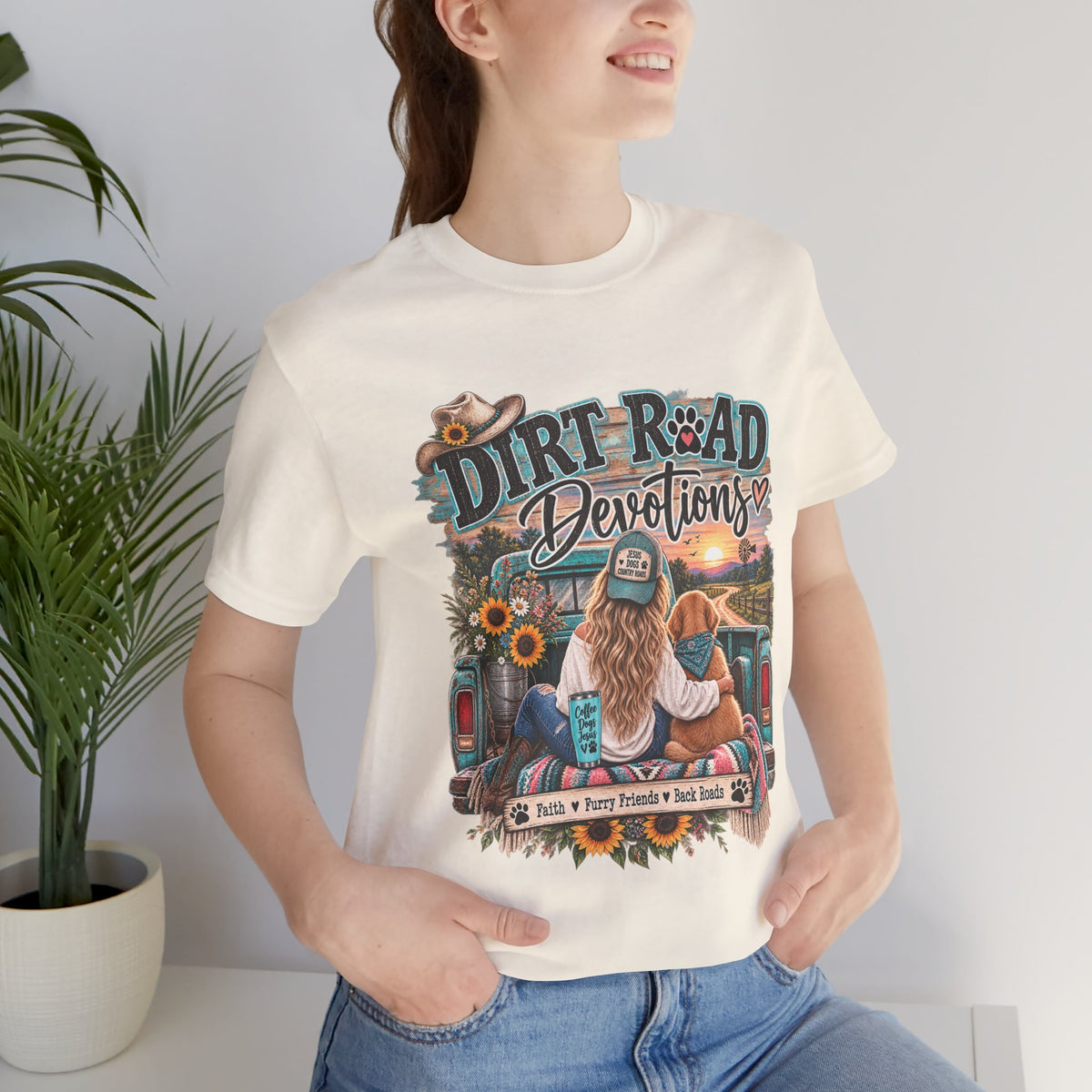 Dirt Road Devotions tee | truck tailgate, sunflower country sunset, faith decal