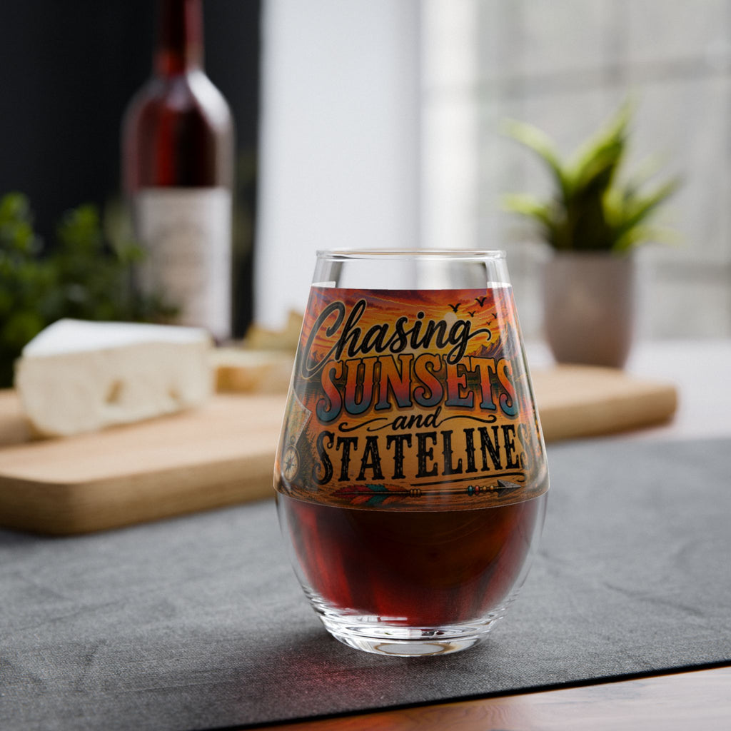 Chasing Sunsets and State Lines Stemless Wine Glass Travel Camping Outdoors