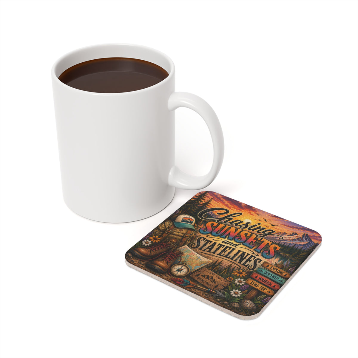 Chasing Sunsets and Statelines Cork Back Coaster  Adventure Travel Camper Decor