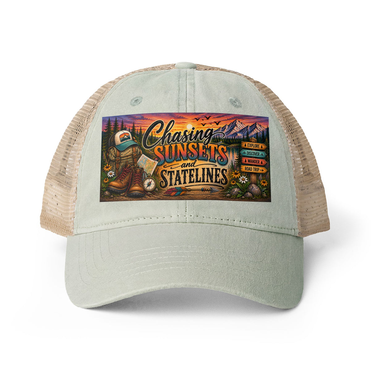 Chasing Sunsets and Statelines Trucker Hat, Adventure Hat for Women, Road Trip Hat, National Park Gift, Camping Hiking Travel Cap