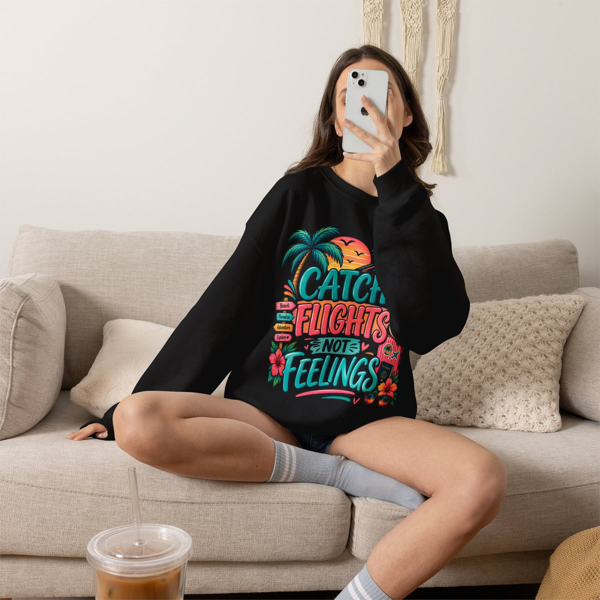 Catch Flights Not Feelings Sweatshirt | Tropical Palm Plane Graphic
