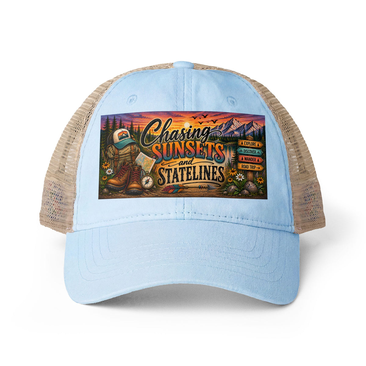 Chasing Sunsets and Statelines Trucker hat, Adventure Hat for Women, Road Trip Hat, National Park Gift, Camping Hiking Travel Cap