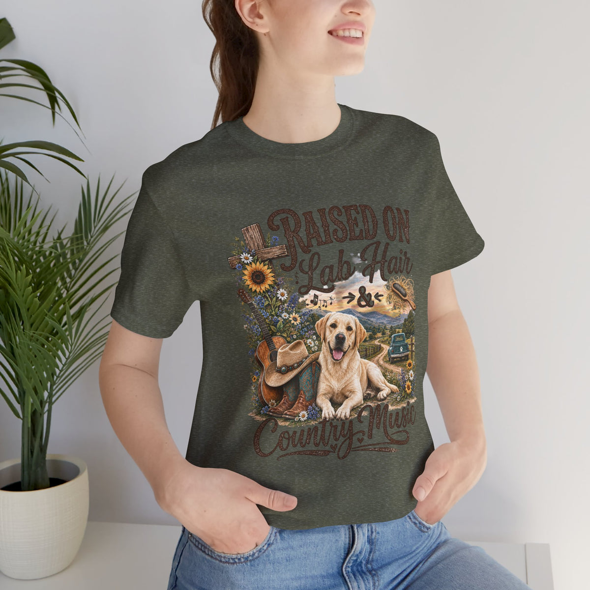 T-Shirt — "Raised on Lab Hair & Country Music" Yellow Labrador Graphic Tee