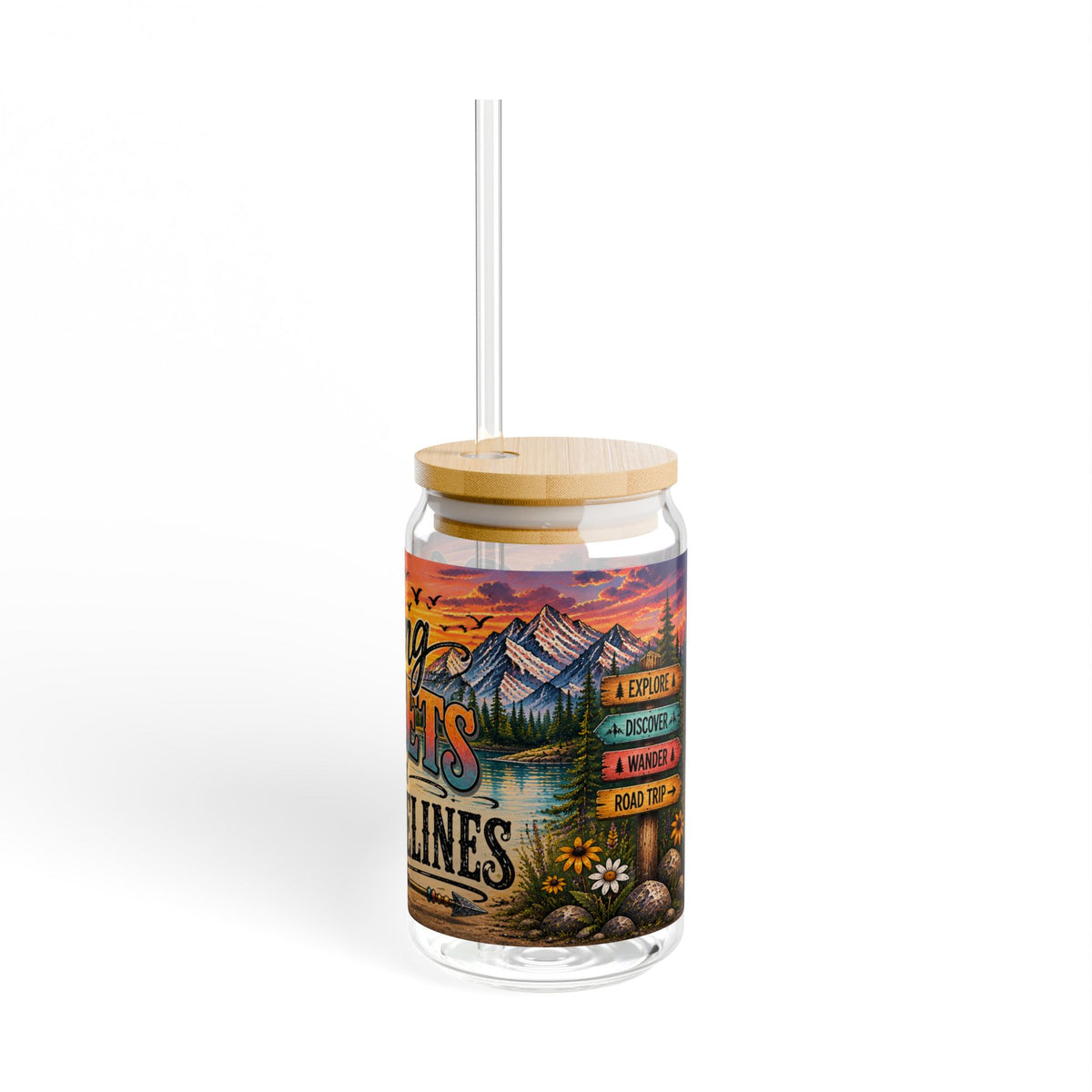 Chasing Sunsets and State Lines Sipper Glass  Travel Adventure Sunset Design