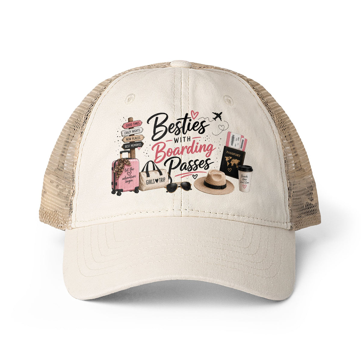 Besties With Boarding Passes Trucker hat, Girls Trip Hat, Best Friend Travel Gift, Vacation Cruise Hat for Women, Travel Bestie Cap