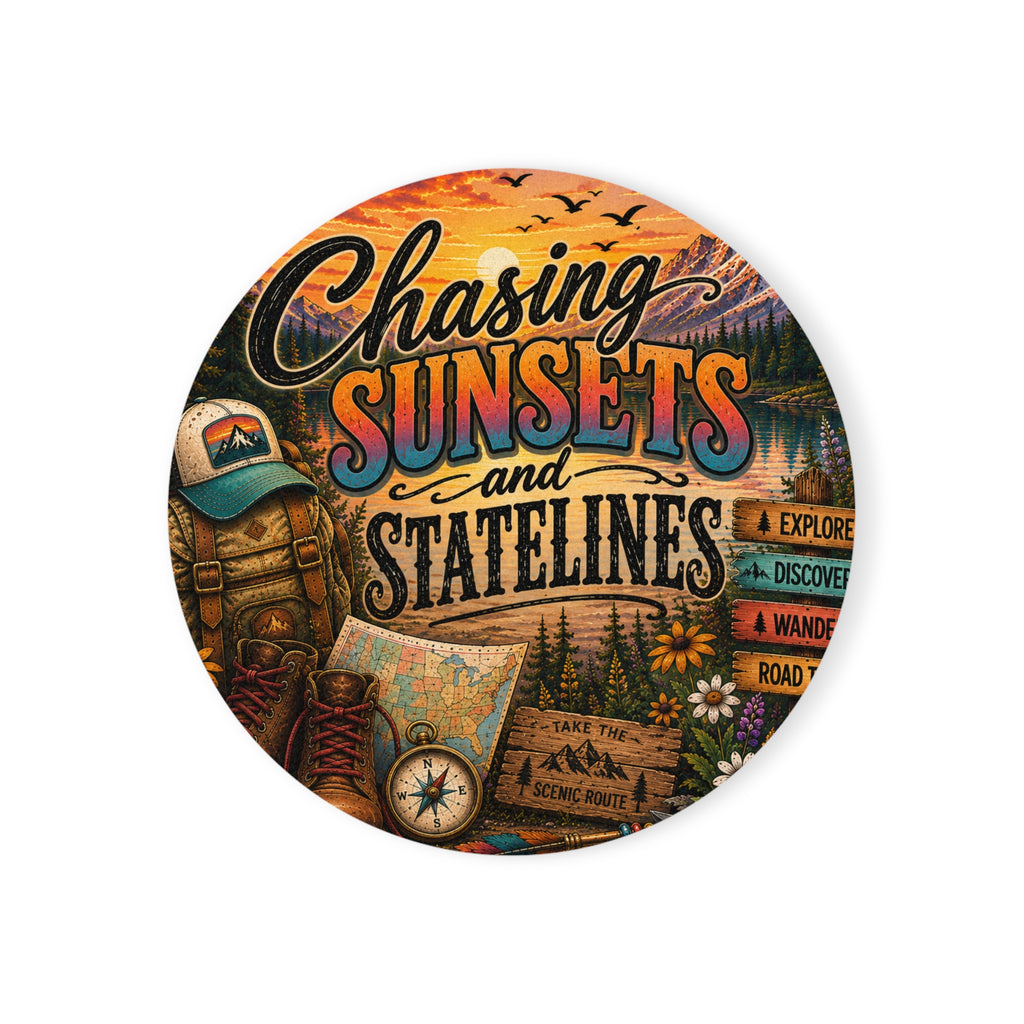 Chasing Sunsets and Statelines Cork Back Coaster  Adventure Travel Camper Decor