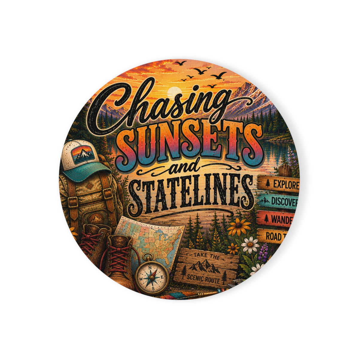 Chasing Sunsets and Statelines Cork Back Coaster  Adventure Travel Camper Decor