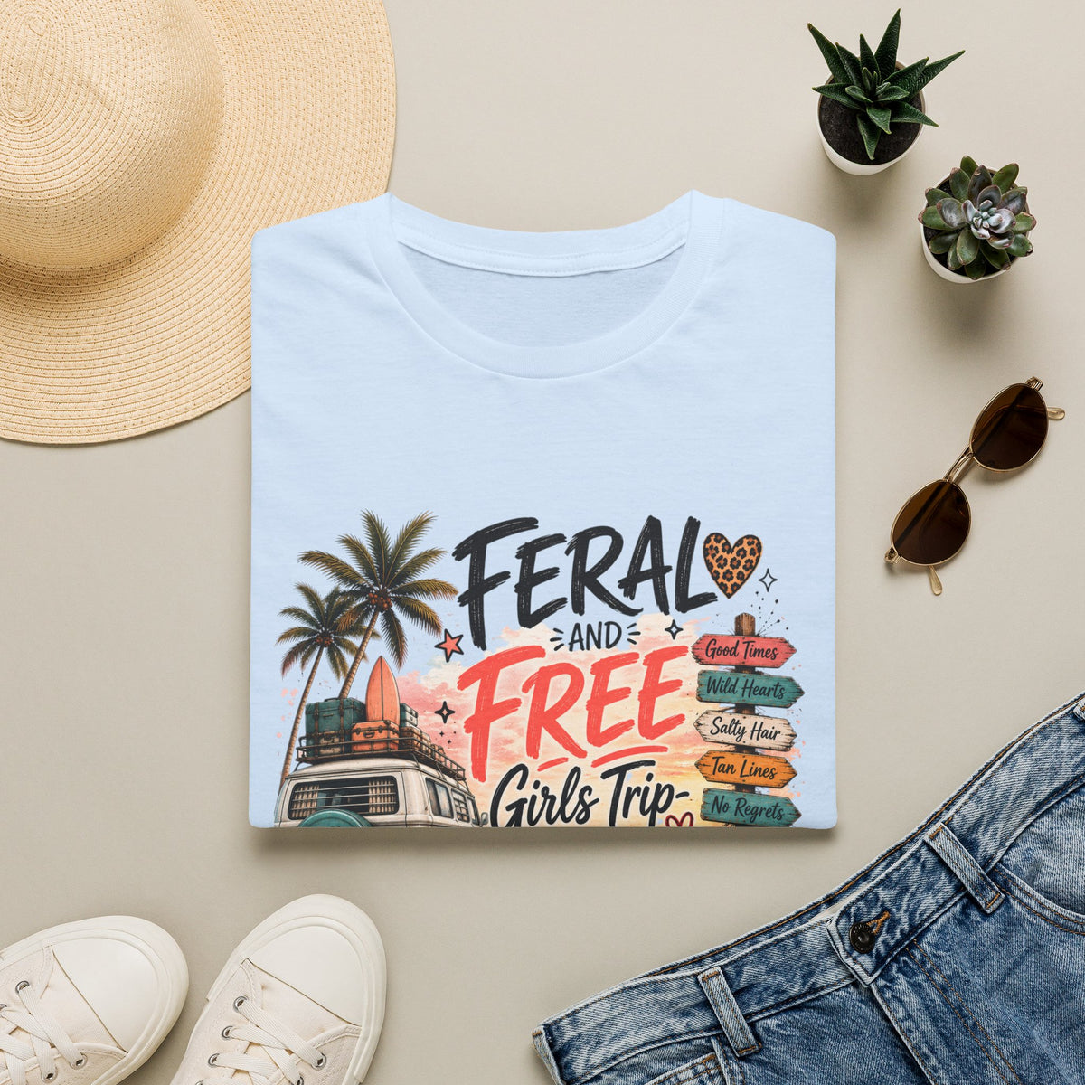 Girls Trip TShirt "Feral and Free" 2026 Beach Roadsign Design