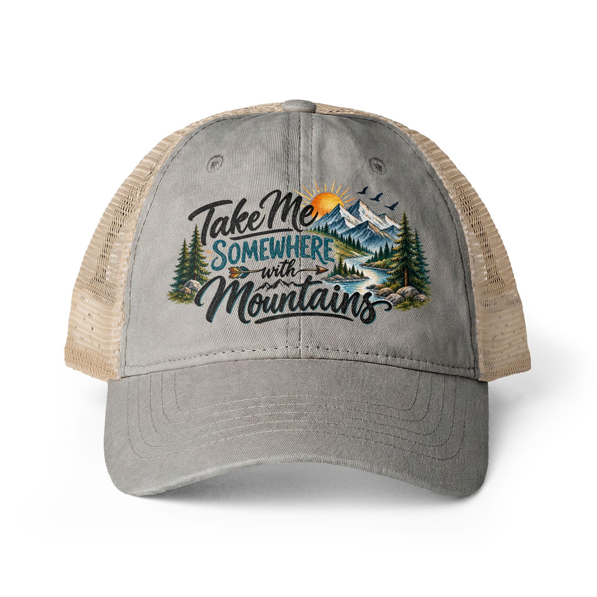 Take Me Somewhere With Mountains Trucker hat, Mountain Lover Hat, Hiking Camping Cap, National Park Travel Hat, Adventure Gift for Women