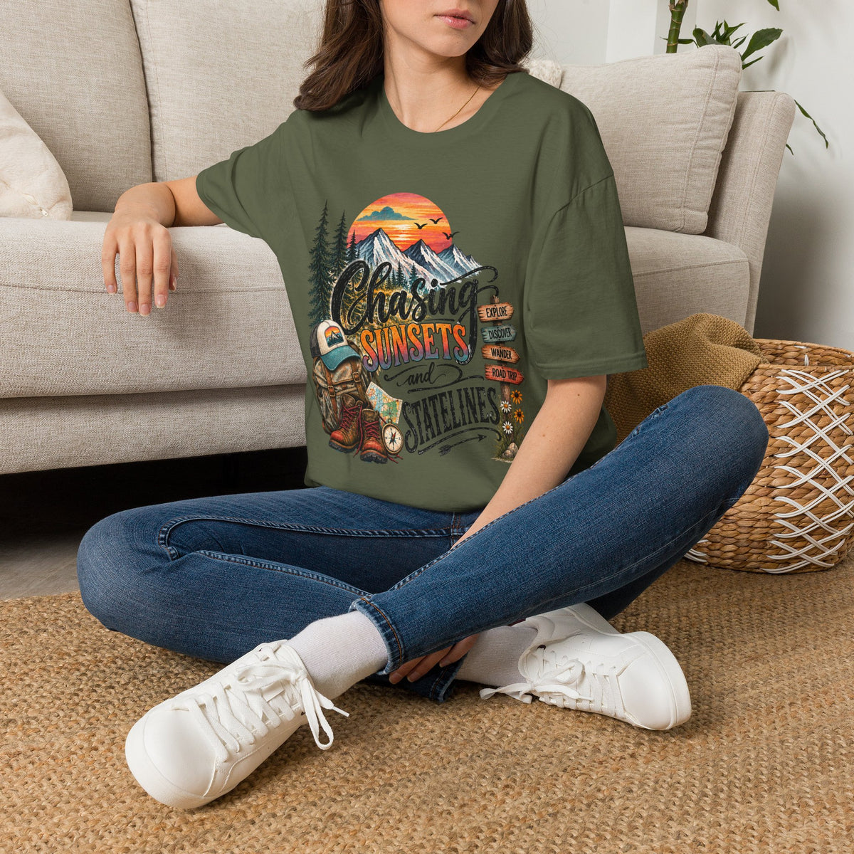 Chasing Sunsets graphic tee | Mountain sunset, evergreen trees, camping signpost