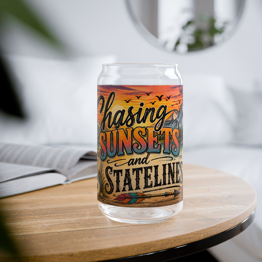 Chasing Sunsets and State Lines Sipper Glass  Travel Adventure Sunset Design