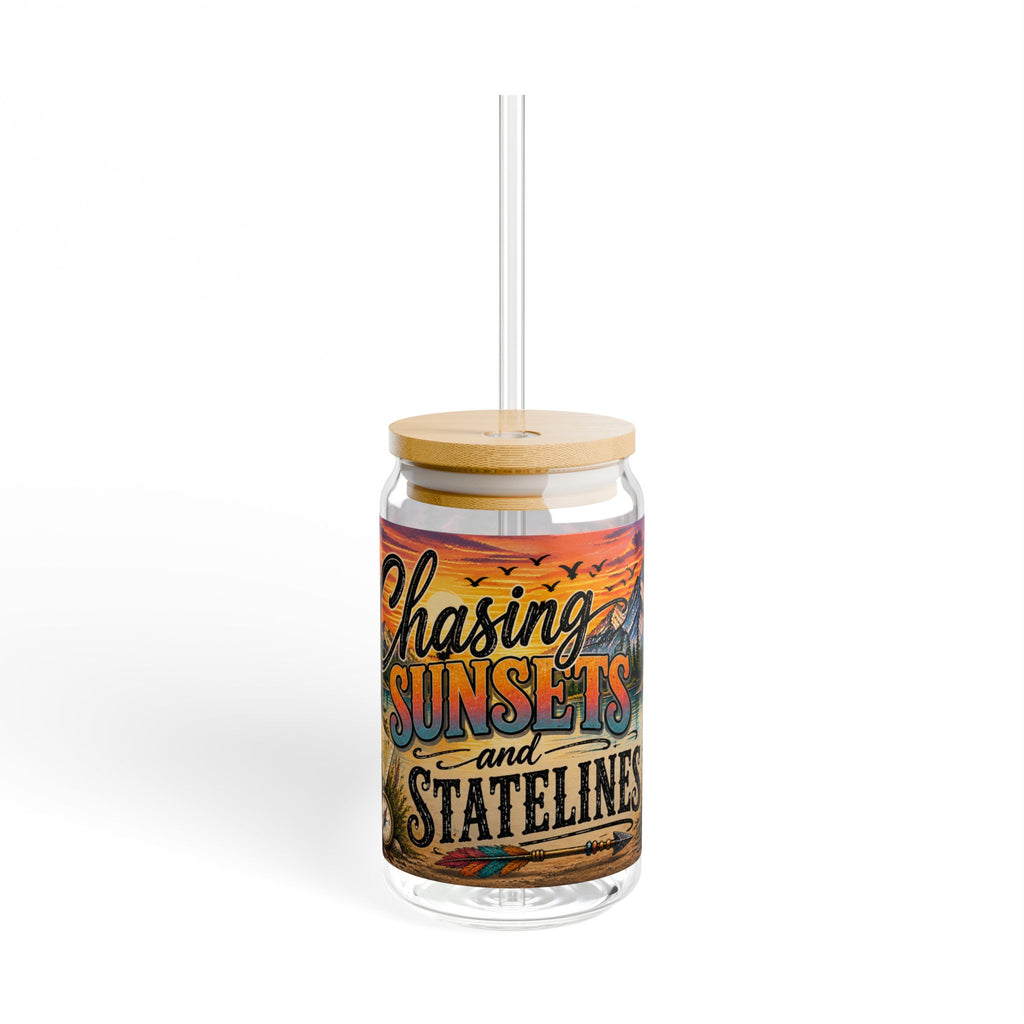Chasing Sunsets and State Lines Sipper Glass  Travel Adventure Sunset Design