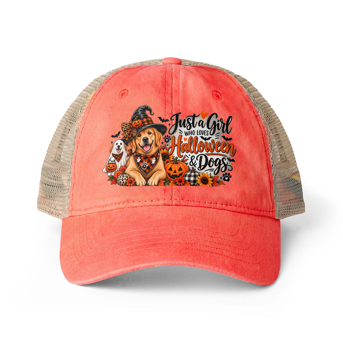 Halloween Dog Trucker Hat, Just a Girl Who Loves Halloween and Dogs Hat, Dog Mom Halloween Hat, Cute Golden Retriever Caps