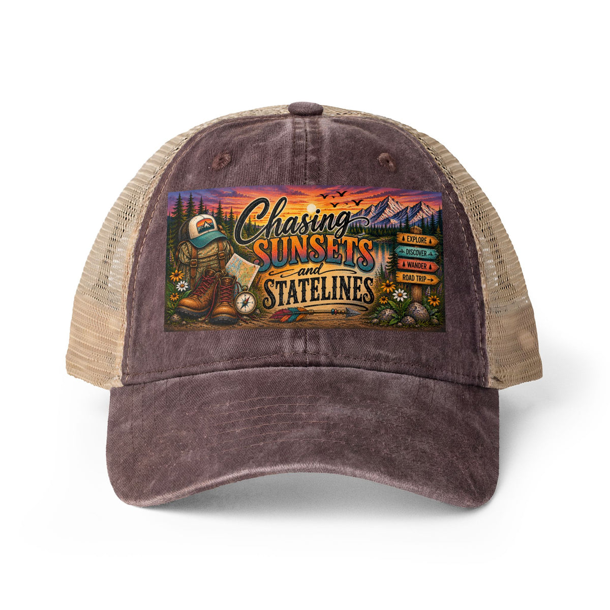Chasing Sunsets and Statelines Trucker Hat, Adventure Hat for Women, Road Trip Hat, National Park Gift, Camping Hiking Travel Cap