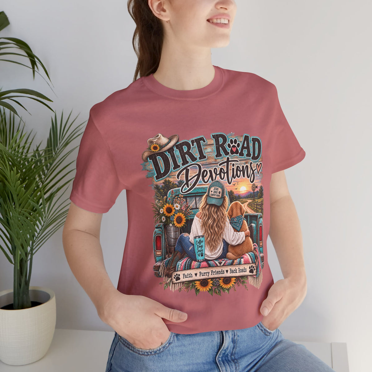 Dirt Road Devotions tee | truck tailgate, sunflower country sunset, faith decal