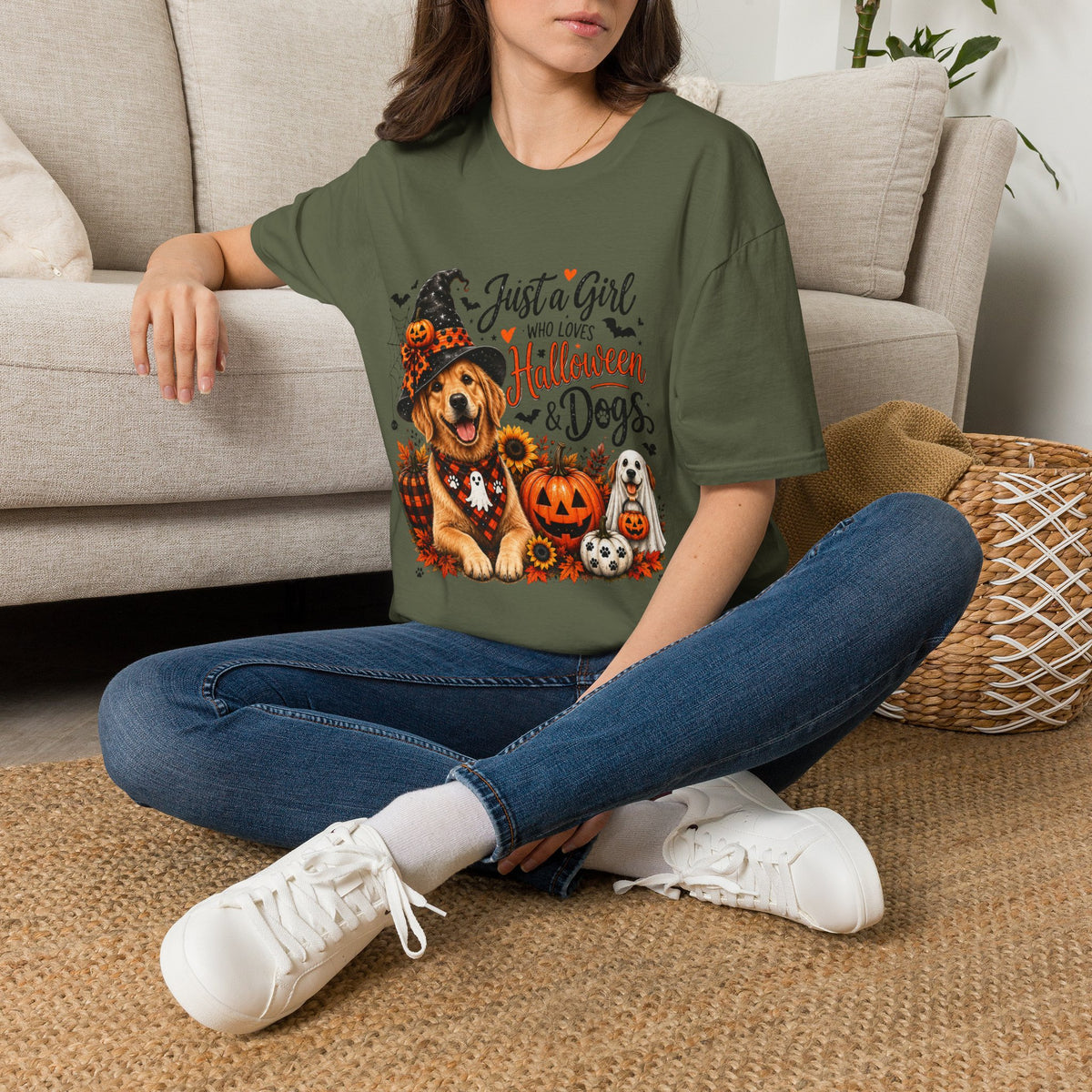 Halloween Dog Trucker Shirt, Just a Girl Who Loves Halloween and Dogs Shirt, Dog Mom Halloween Shirt, Cute Golden Retriever Shirt