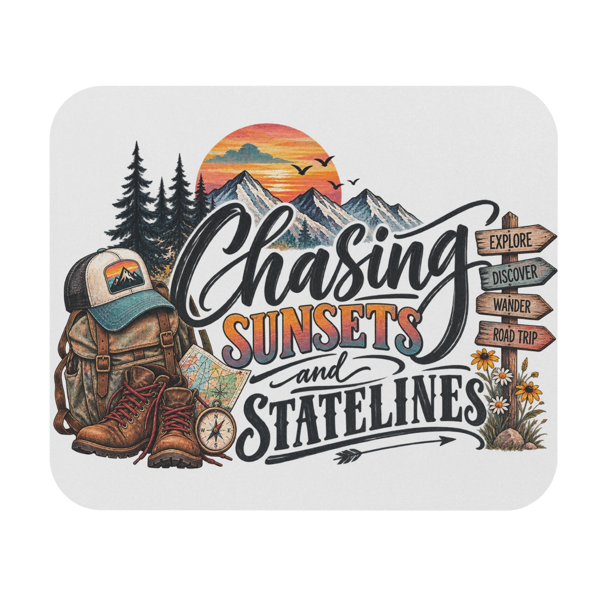 Chasing Sunsets and Statelines Mouse Pad | Adventure Mountains Travel Desk Mat