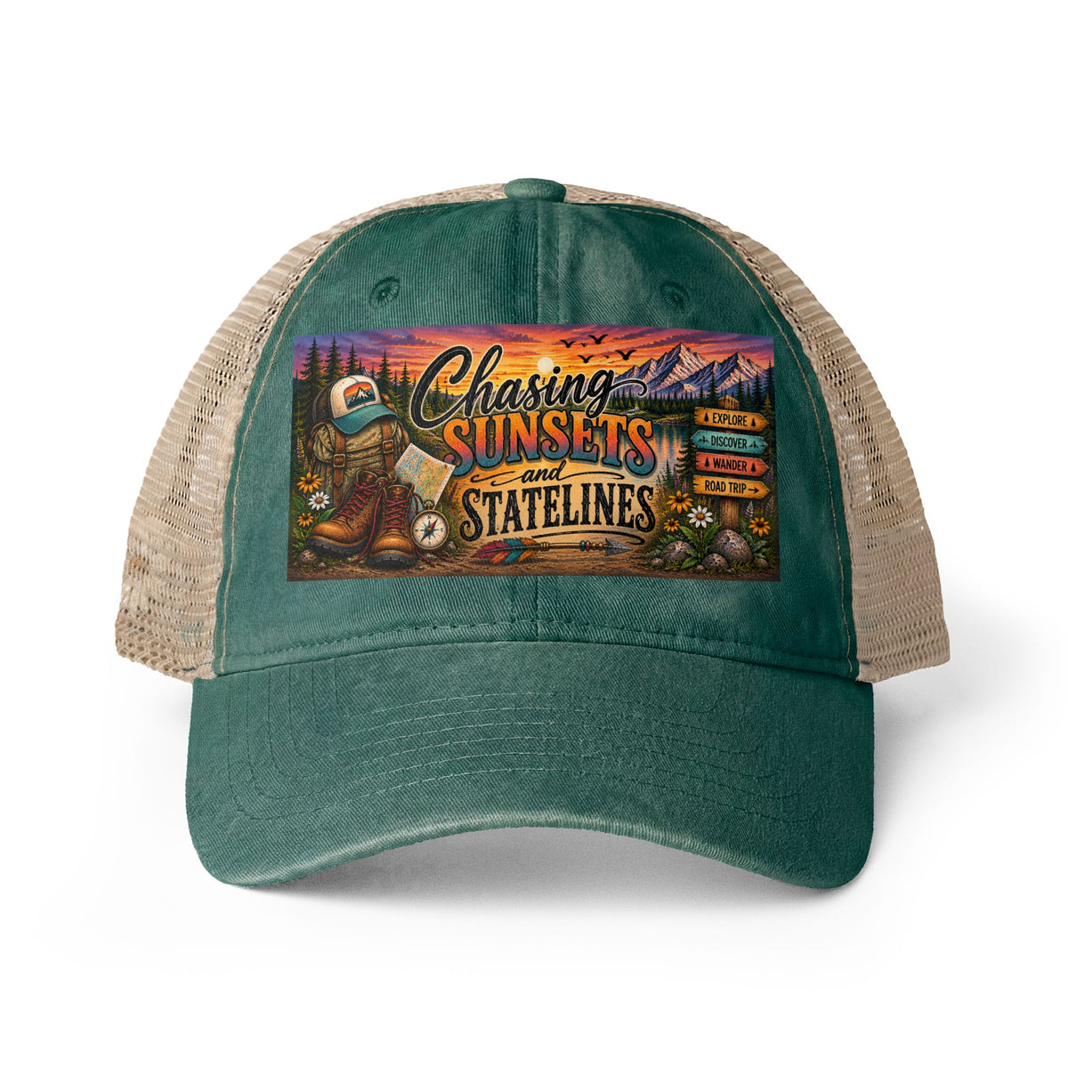 Chasing Sunsets and Statelines Trucker hat, Adventure Hat for Women, Road Trip Hat, National Park Gift, Camping Hiking Travel Cap