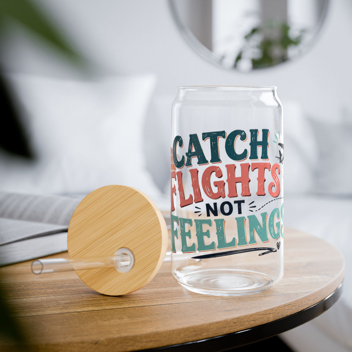 Catch Flights Not Feelings Glass Sipper Cup, travel Lover Tumbler, Girls Trip Cup, Vacation Glass Can, Cruise Gift for Women