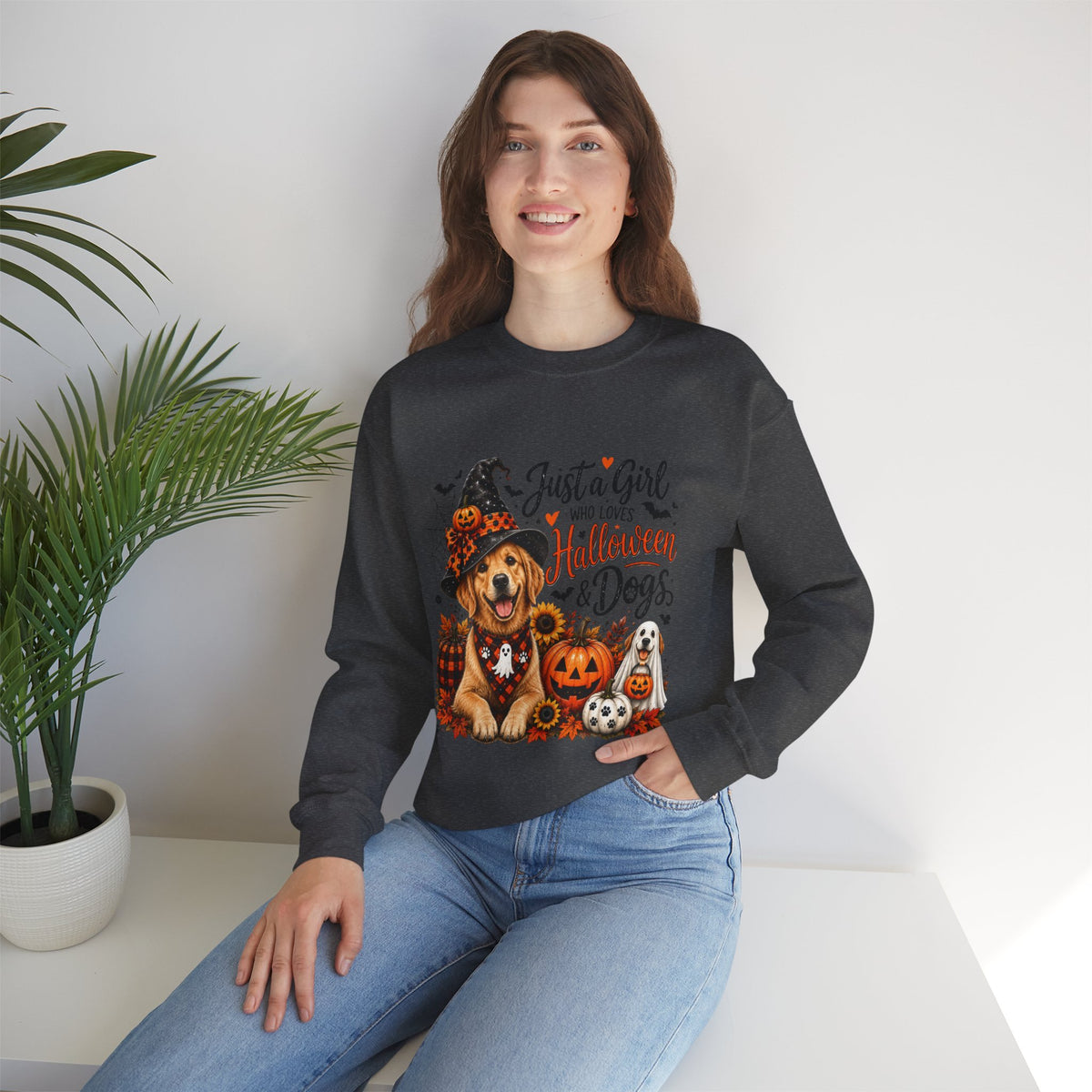 Halloween Dog Trucker SweatShirt, Just a Girl Who Loves Halloween and Dogs SweatShirt, Dog Mom Halloween Shirt,  Golden Retriever SweatShirts
