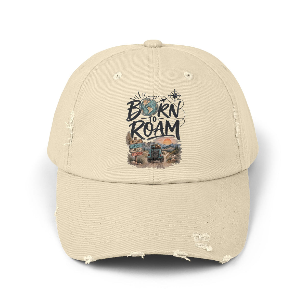 Born to Roam Cap | Distressed Baseball hat, Adventure Travel Graphic