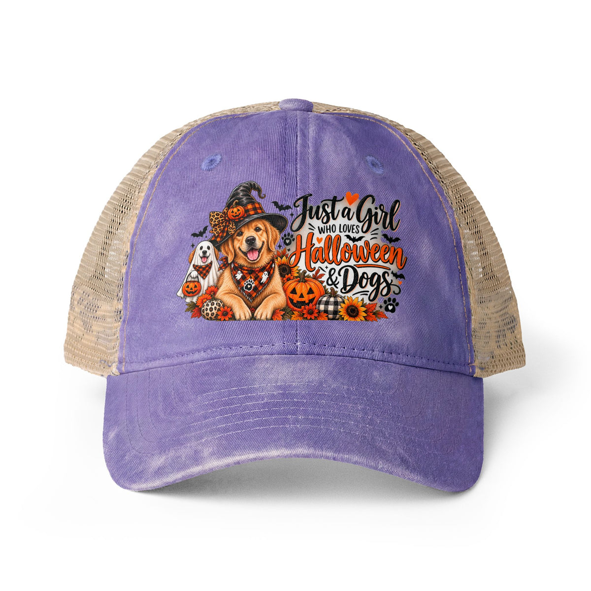 Halloween Dog Trucker Hat, Just a Girl Who Loves Halloween and Dogs Hat, Dog Mom Halloween Hat, Cute Golden Retriever Caps