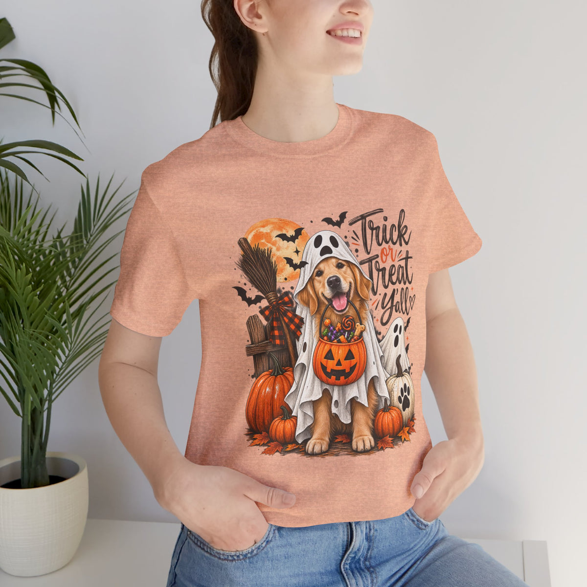 Trick or Treat Y'all Halloween Dog Shirts, Golden Retriever Halloween Shirt, Dog Mom Halloween Tee, Cute Ghost Dog T-Shirt